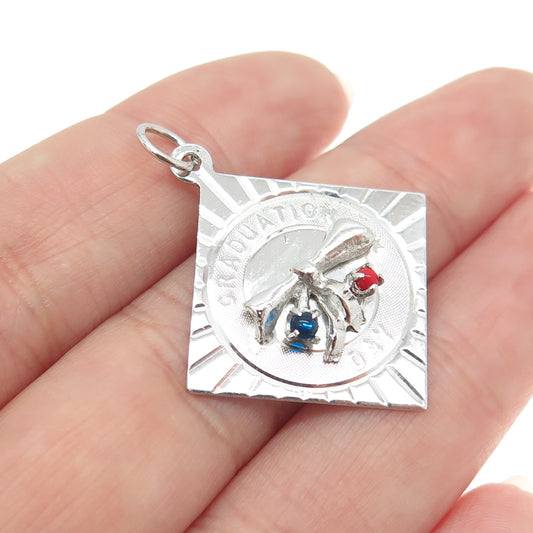 925 Sterling Silver Vintage M&M Blue Glass Coral Graduation Charm Pendant