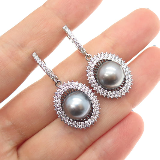 925 Sterling Silver Real Tahitian Pearl & C Z Dangle Earrings