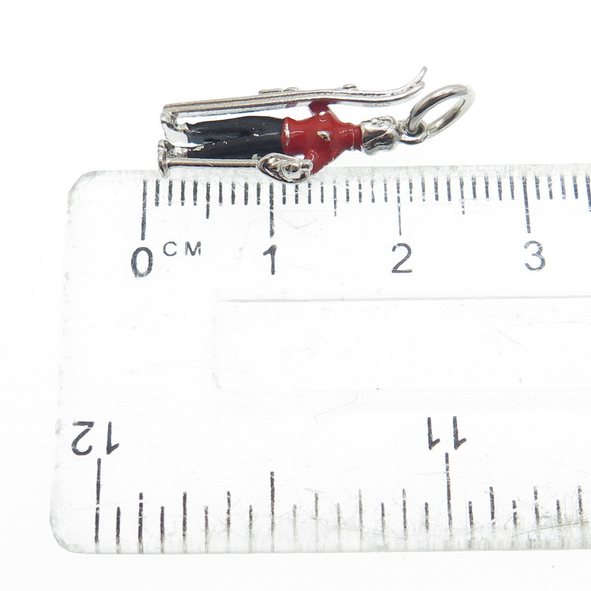 925 Sterling Silver Antique Art Deco Enamel Skier Minimalist 3D Charm Pendant