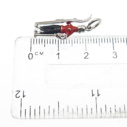 925 Sterling Silver Antique Art Deco Enamel Skier Minimalist 3D Charm Pendant