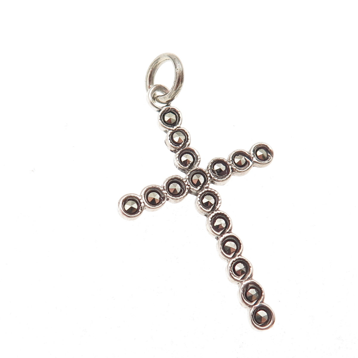 925 Sterling Silver Antique Art Deco Real Marcasite Cross Oxidized Charm Pendant