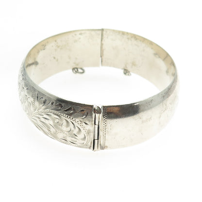 W.R. JOHNSON Sterling Silver Antique Art Deco Engraved Floral Bangle Bracelet 7"