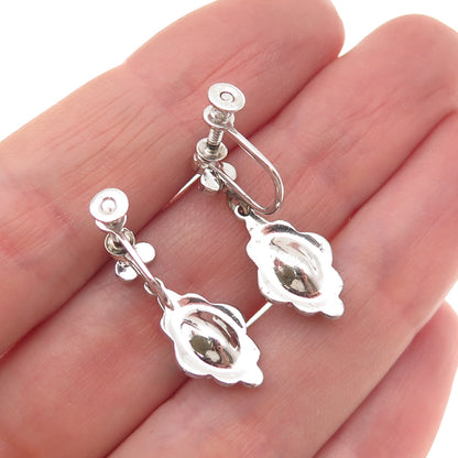 925 Sterling Silver Antique Art Deco Rhinestone Screw Back Dangle Earrings