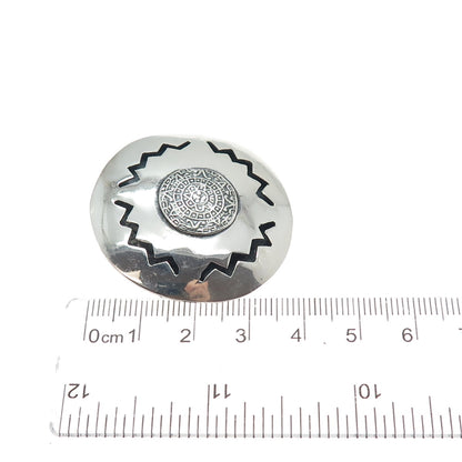 925 Sterling Silver Vintage JS Mexico Mayan Calendar Disc Pin Brooch / Pendant