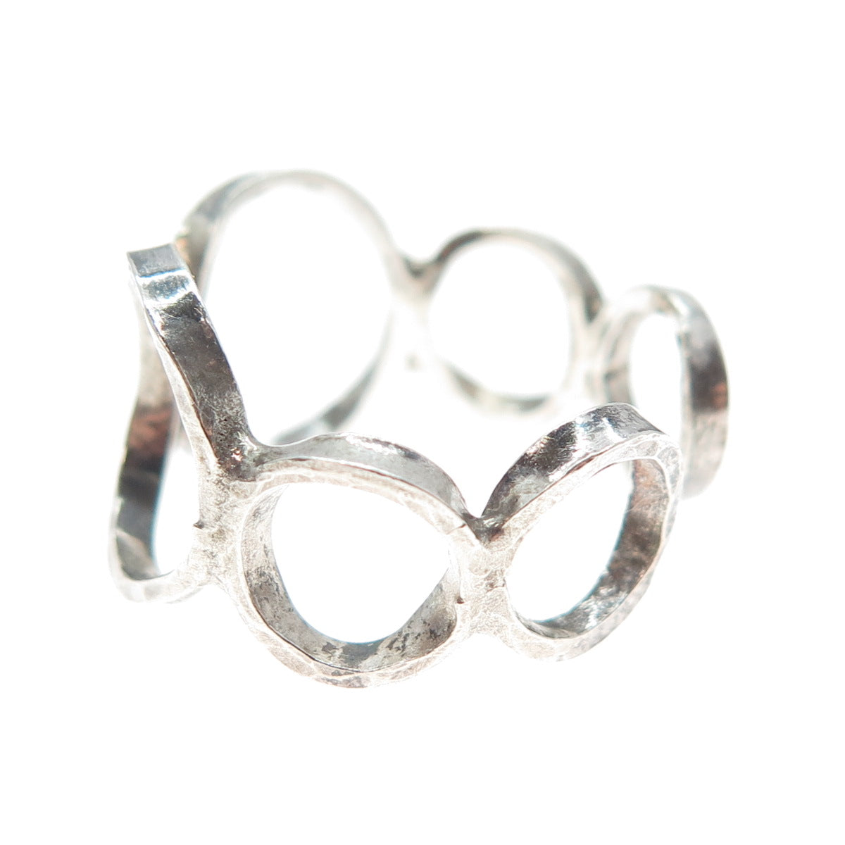 925 Sterling Silver Vintage Modernist Circle Link Adjustable Ring Size 8.25