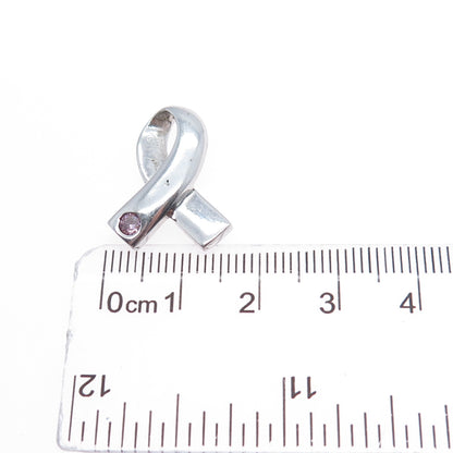 925 Sterling Vintage Pink C Z Breast Cancer Awareness Ribbon Mini Slide Pendant