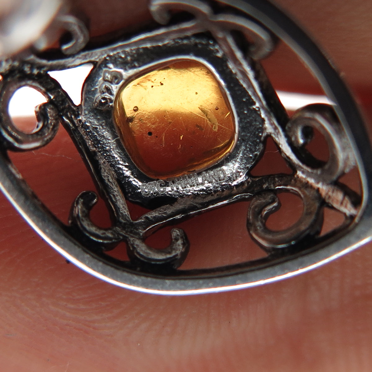 925 Sterling Silver Old Stock Vintage Real Amber Ornate Slide Charm Pendant