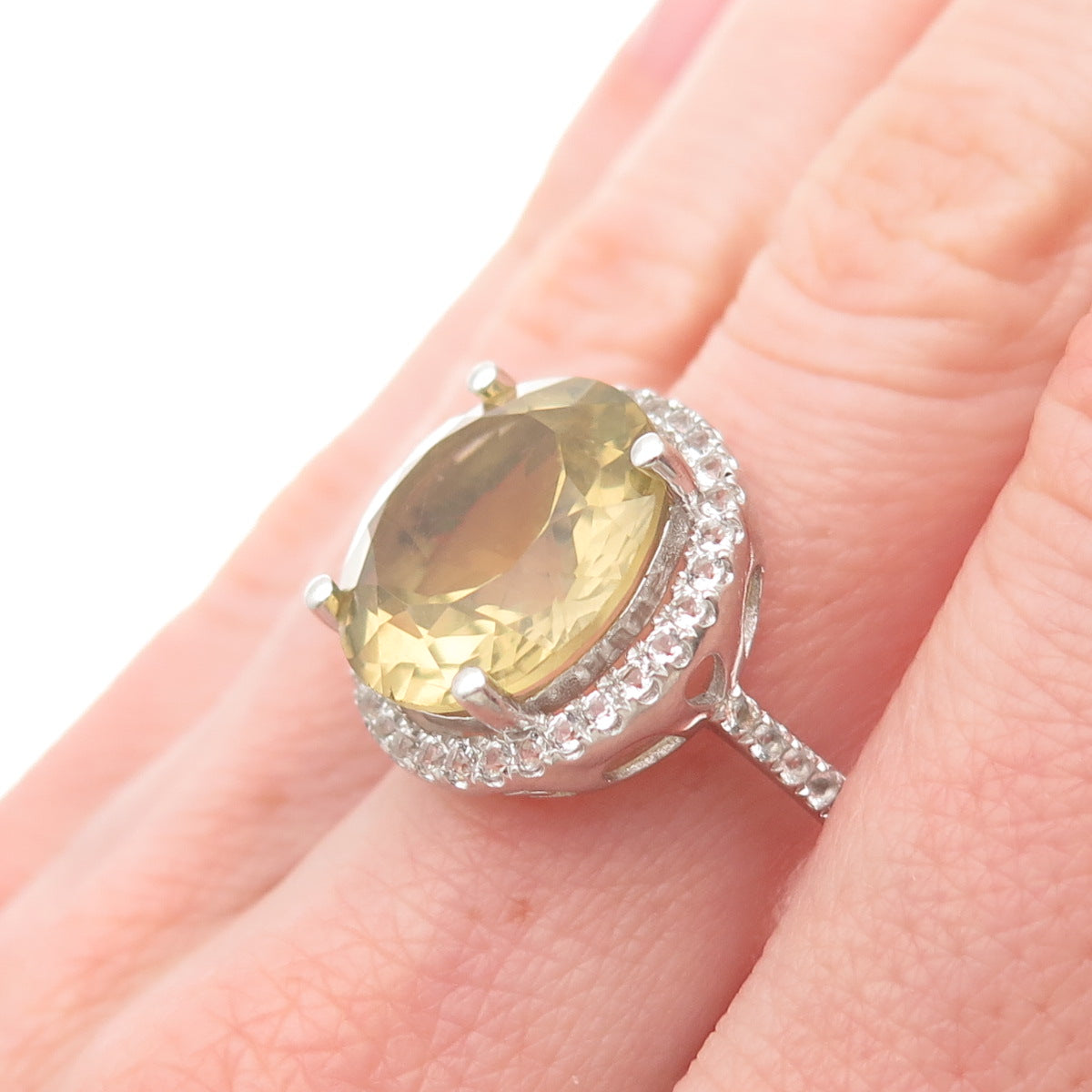 LUCAS LAMETH 925 Sterling Silver Real Citrine & White Topaz Ring Size 7.75