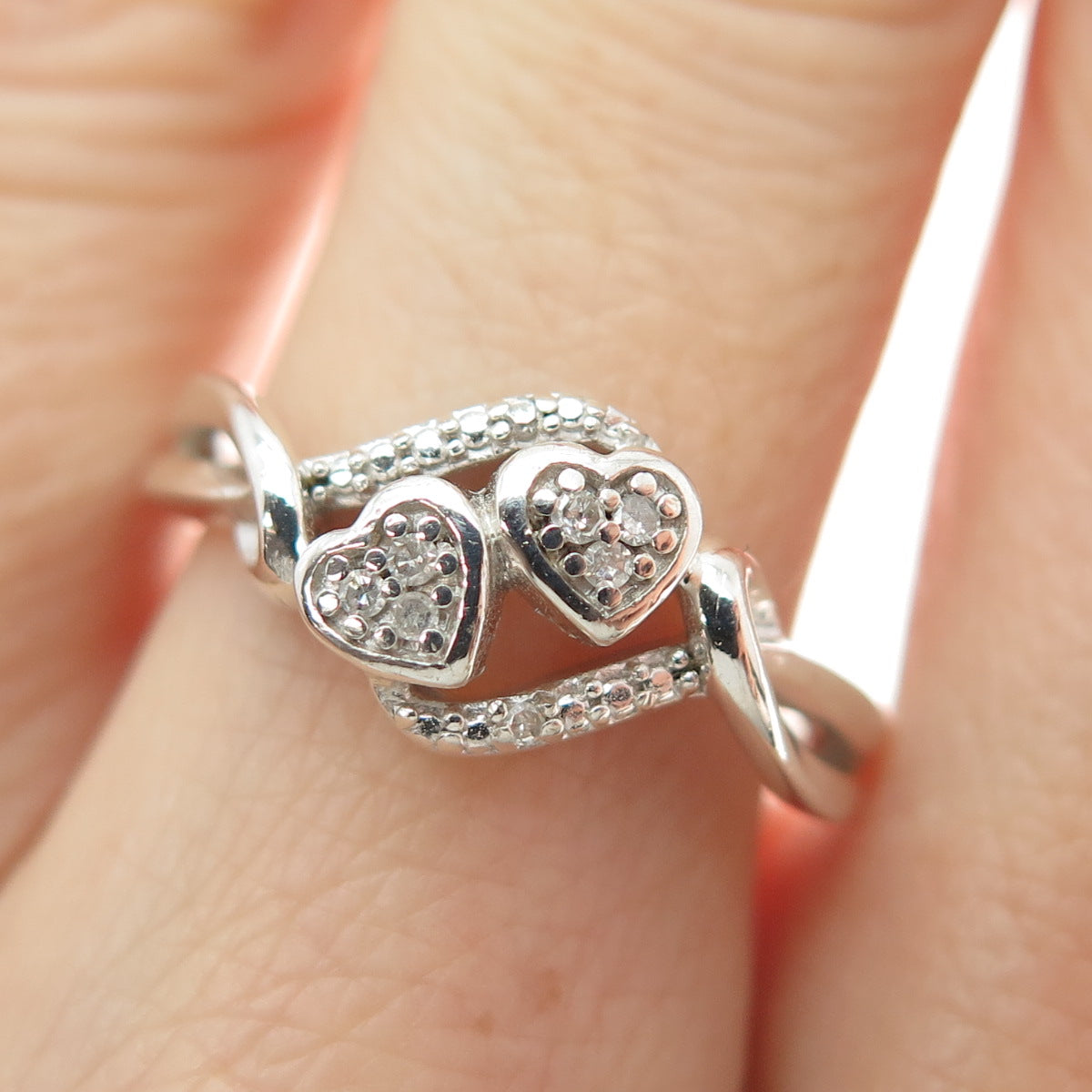 JASANI DESIGNS 925 Sterling Silver Real Diamond Couple Heart Ring Size 7