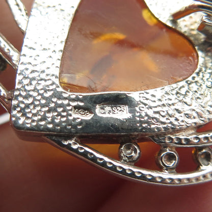 925 Sterling Silver Vintage Real Amber Beaded Heart Pin Brooch