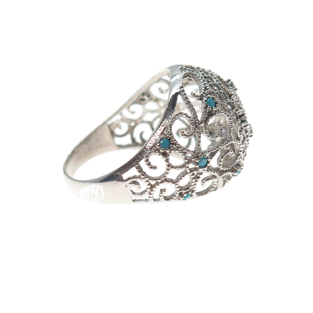 925 Sterling Silver Vintage Real Turquoise Filigree Dome Ring Size 7.75