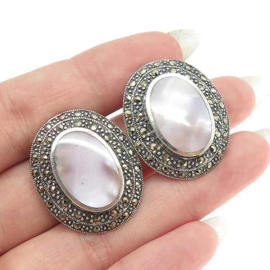 925 Sterling Silver Vintage Real Mother-of-Pearl & Marcasite Clip On Earrings