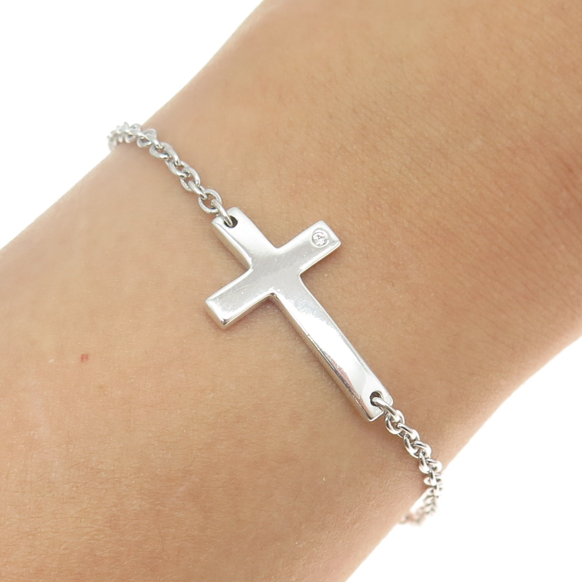 925 Sterling Silver Real Round-Cut Diamond Cross Cable Link Bracelet 6.5-8"