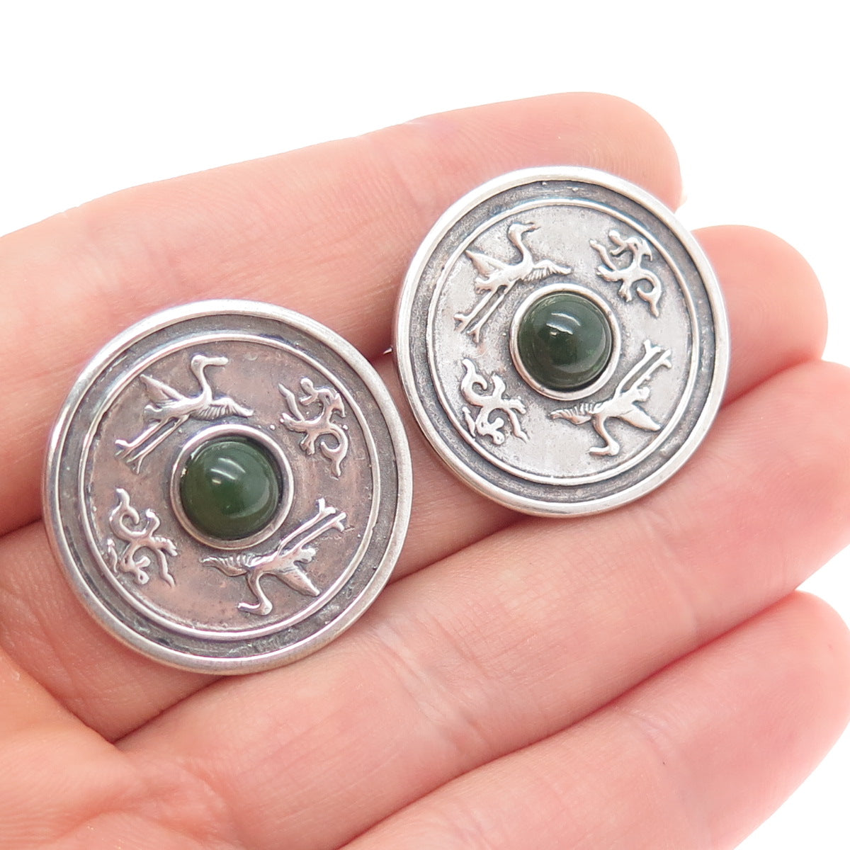 Heritage Museum Replicas 925 Sterling Vintage Real Jade Stork & Dragon Earrings