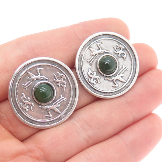Heritage Museum Replicas 925 Sterling Vintage Real Jade Stork & Dragon Earrings