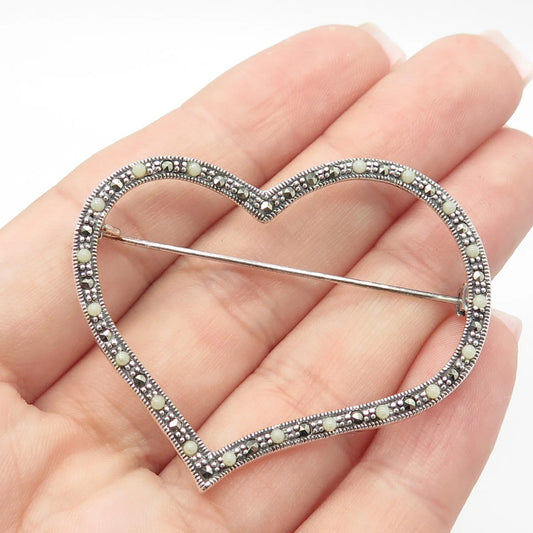925 Sterling Silver Vintage Real Pearl & Marcasite Gem Open Heart Pin Brooch