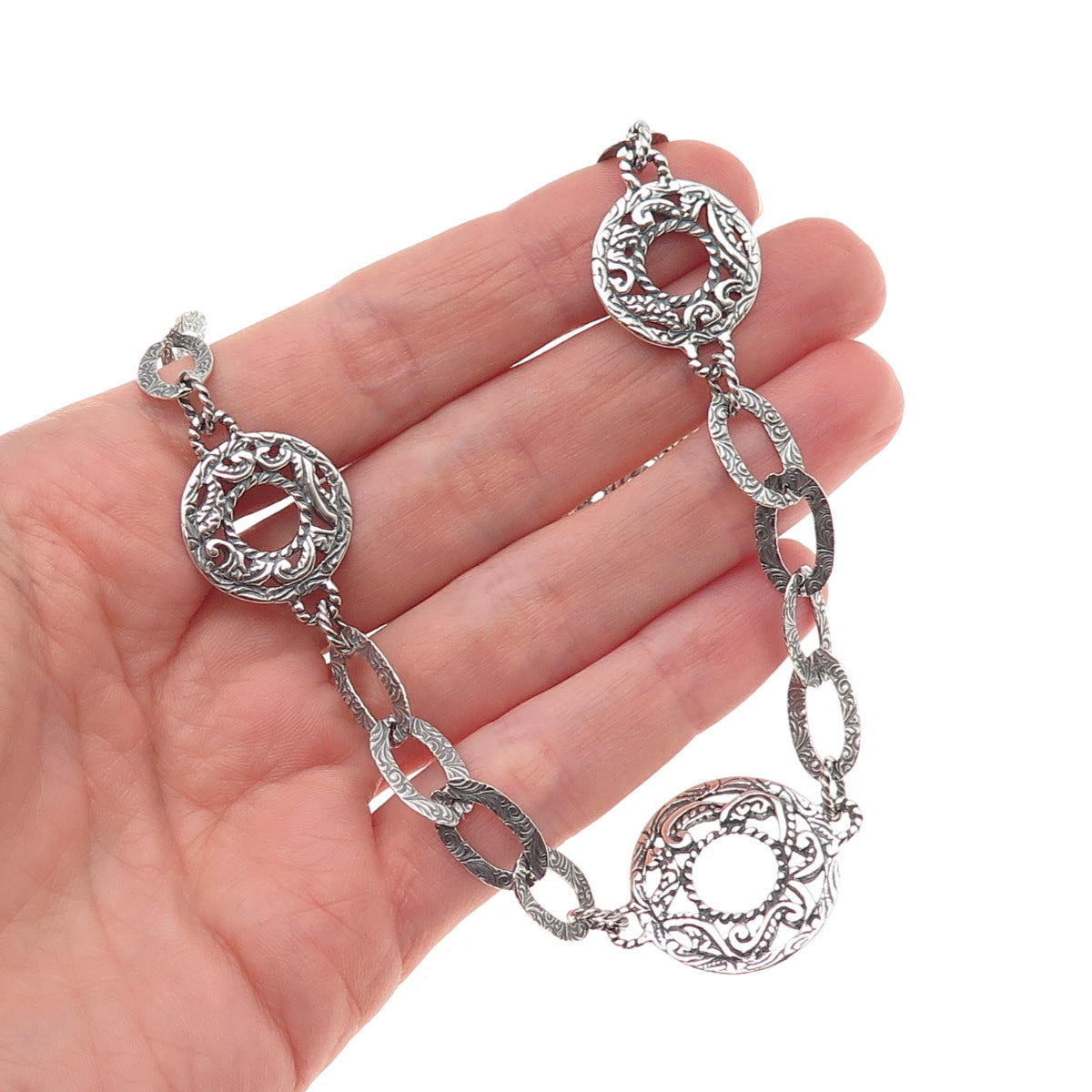 Carolyn Pollack 925 Sterling Silver Vintage Ornate Disc Chain Necklace 18"