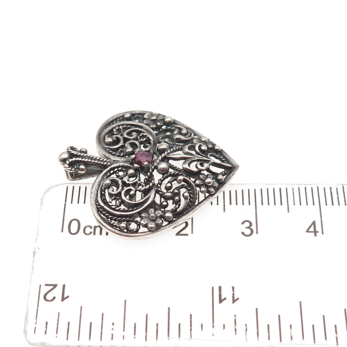 Franklin Mint 925 Sterling Vintage 1983 Real Ruby Heart Oxidized Charm Pendant