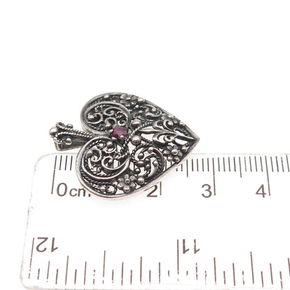 Franklin Mint 925 Sterling Vintage 1983 Real Ruby Heart Oxidized Charm Pendant
