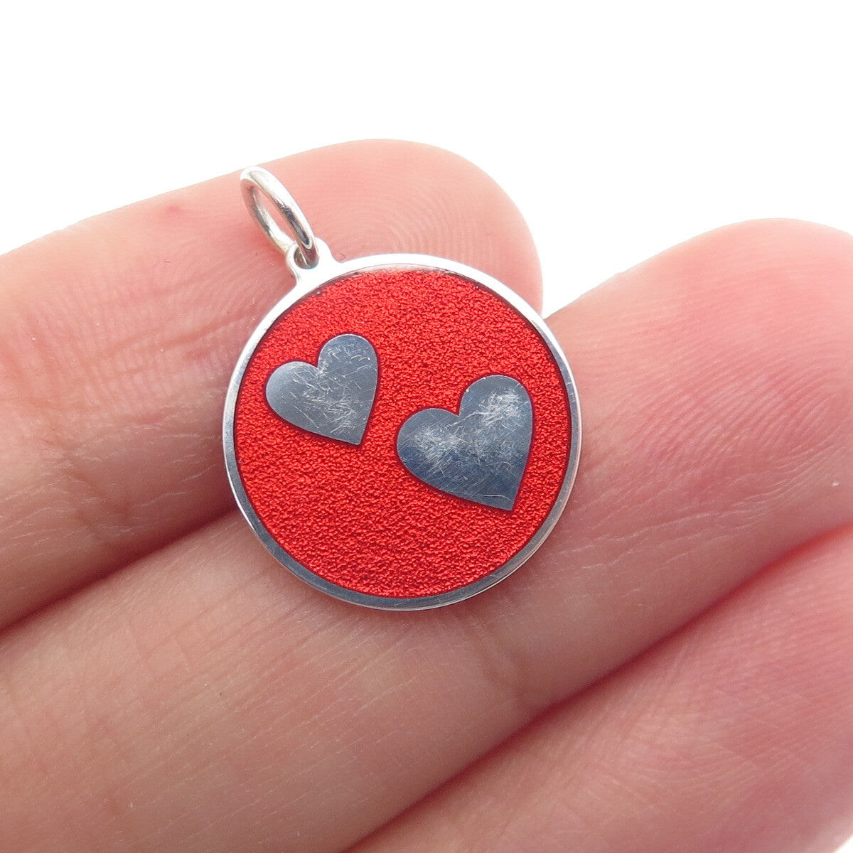 925 Sterling Silver Red Enamel Couple Hearts Round Tag Minimalist Charm Pendant
