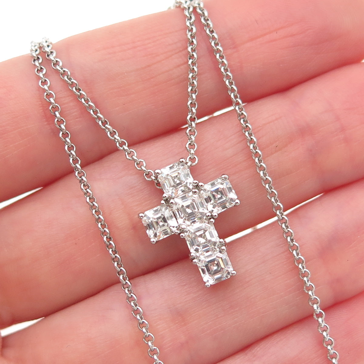 925 Sterling Silver Italy Asscher-Cut C Z Cross Rolo Chain Necklace 16"