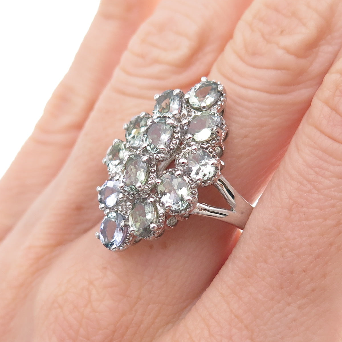 Chuck Clemency 925 Sterling Silver Real Oval-Cut Iolite Cluster Ring Size 8.25