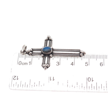 925 Sterling Silver Vintage Real Lapis Beaded Cross Oxidized Charm Pendant