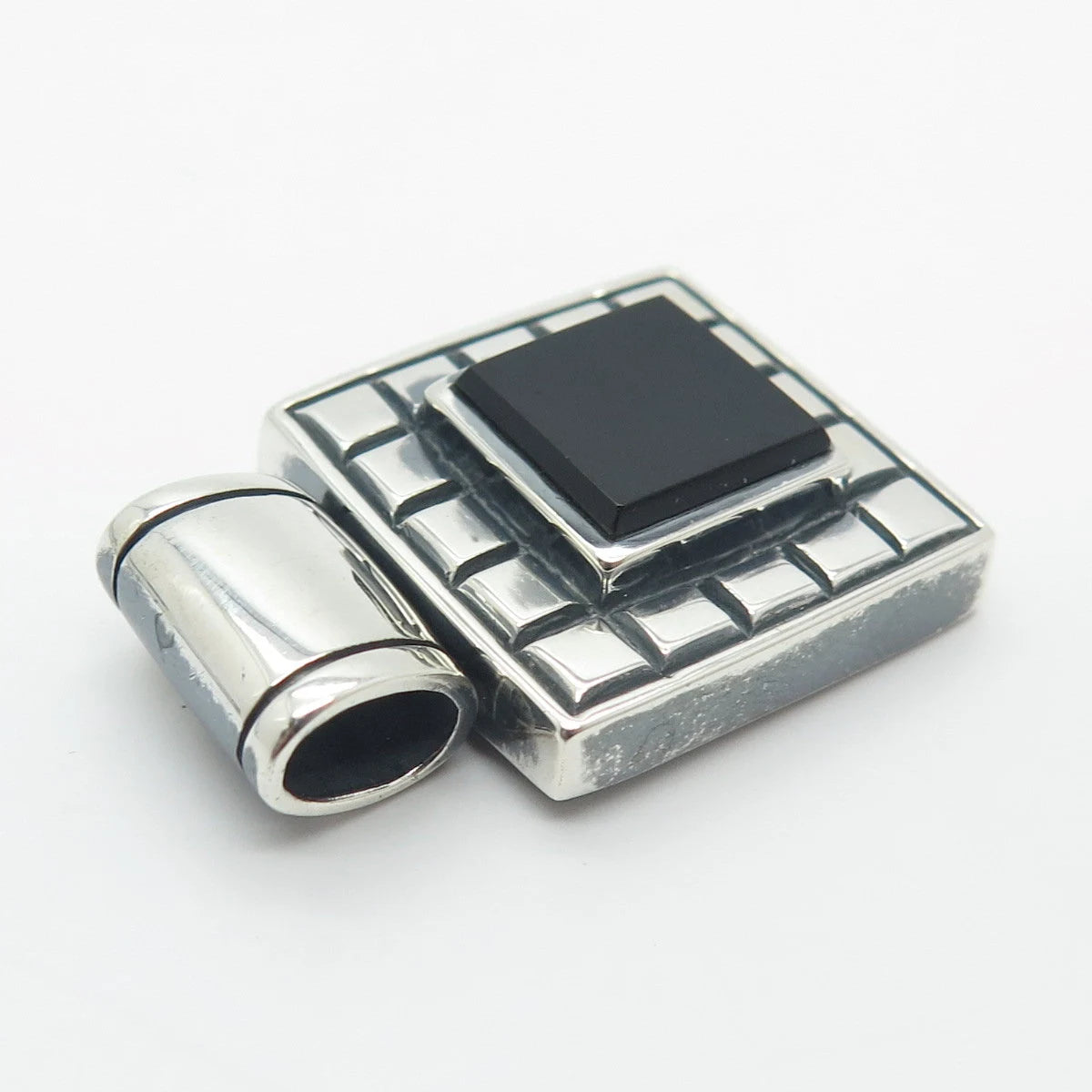 925 Sterling Silver Vintage Sunstone Imports Black Onyx Gem Square Pendant