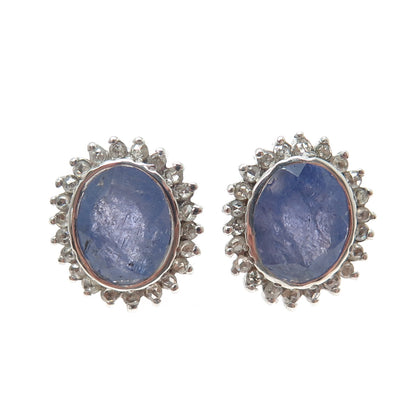 925 Sterling Silver Real Round-Cut Diamond & Oval-Cut Tanzanite Earrings