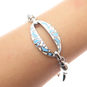 925 Sterling Silver Vintage Enamel Modernist Oval Link Bracelet 7.25"
