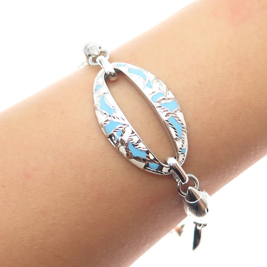 925 Sterling Silver Vintage Enamel Modernist Oval Link Bracelet 7.25"