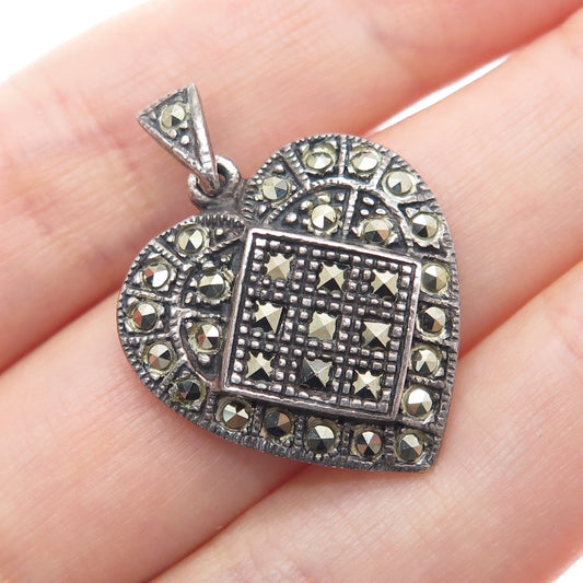 925 Sterling Silver Vintage Real Marcasite Heart Oxidized Charm Pendant