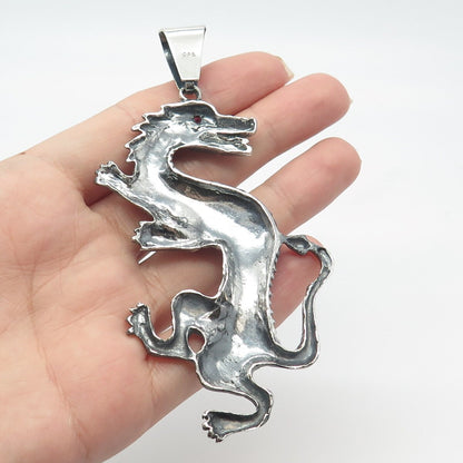925 Sterling Silver Vintage Real Pink Sapphire Gem Dragon Pendant