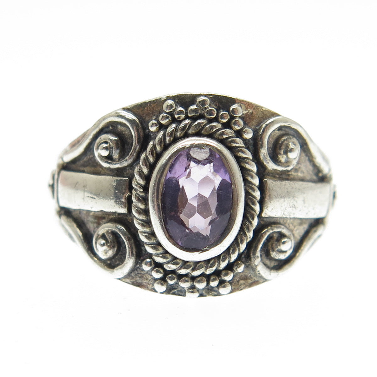 925 Sterling Silver Vintage Real Oval-Cut Amethyst Swirl Ring Size 4.75