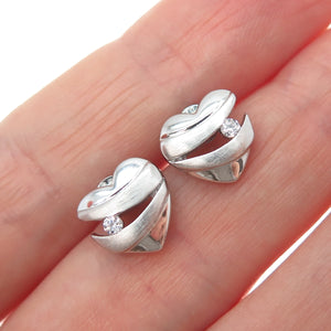 925 Sterling Silver Round-Cut C Z Modernist Heart Stud Earrings