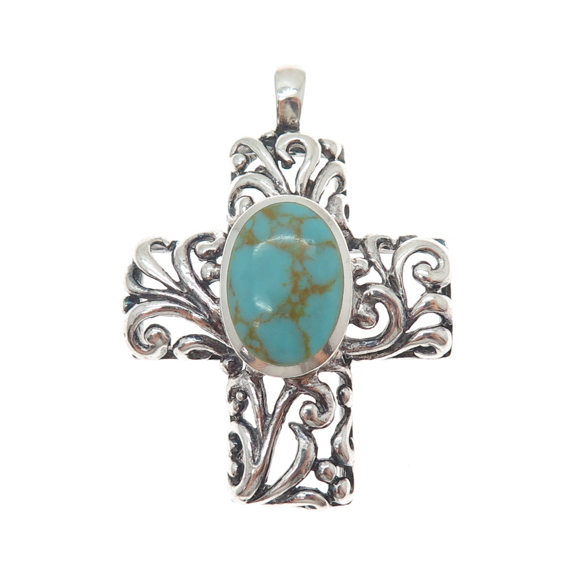 925 Sterling Silver Vintage Real Lone Mountain Turquoise Cross Charm Pendant