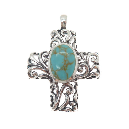 925 Sterling Silver Vintage Real Lone Mountain Turquoise Cross Charm Pendant