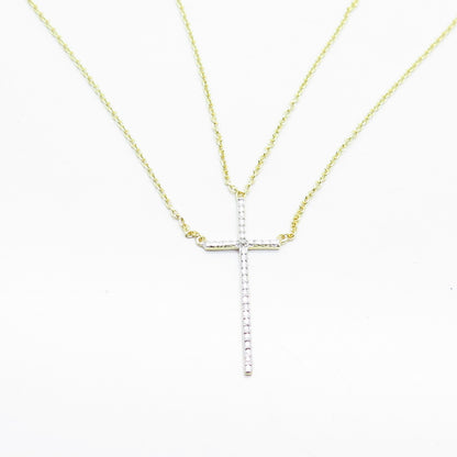 925 Sterling Silver Gold Plated Real White Diamond Cross Rolo Chain Necklace 18"