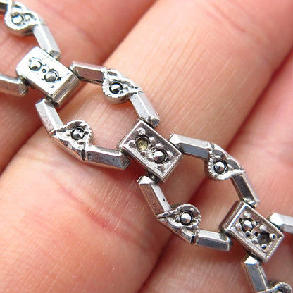 925 Sterling Silver Antique Real Marcasite Gemstone Panel Link Bracelet 7"