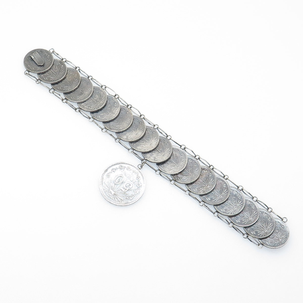 720 Silver Antique 1940s Mexico 20 & 50 Centavos Coin Link Bracelet 7"