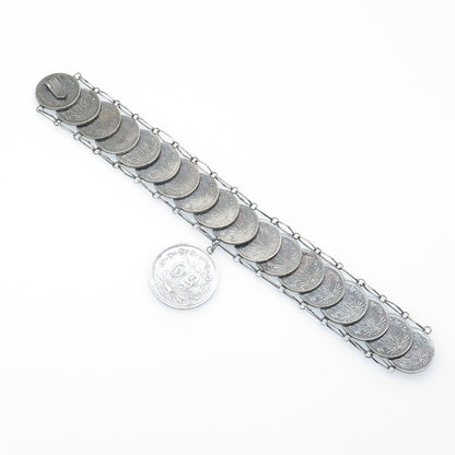 720 Silver Antique 1940s Mexico 20 & 50 Centavos Coin Link Bracelet 7"