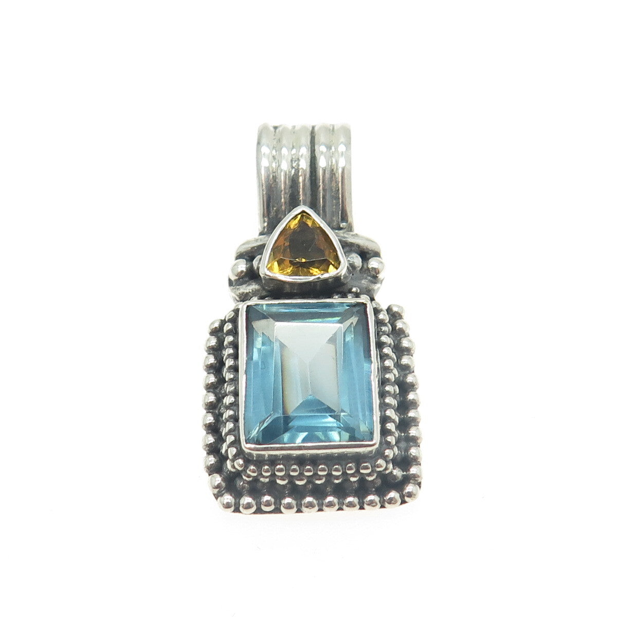 925 Sterling Silver Vintage Real Citrine & Blue Glass Granulated Pendant