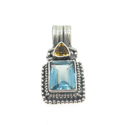 925 Sterling Silver Vintage Real Citrine & Blue Glass Granulated Pendant