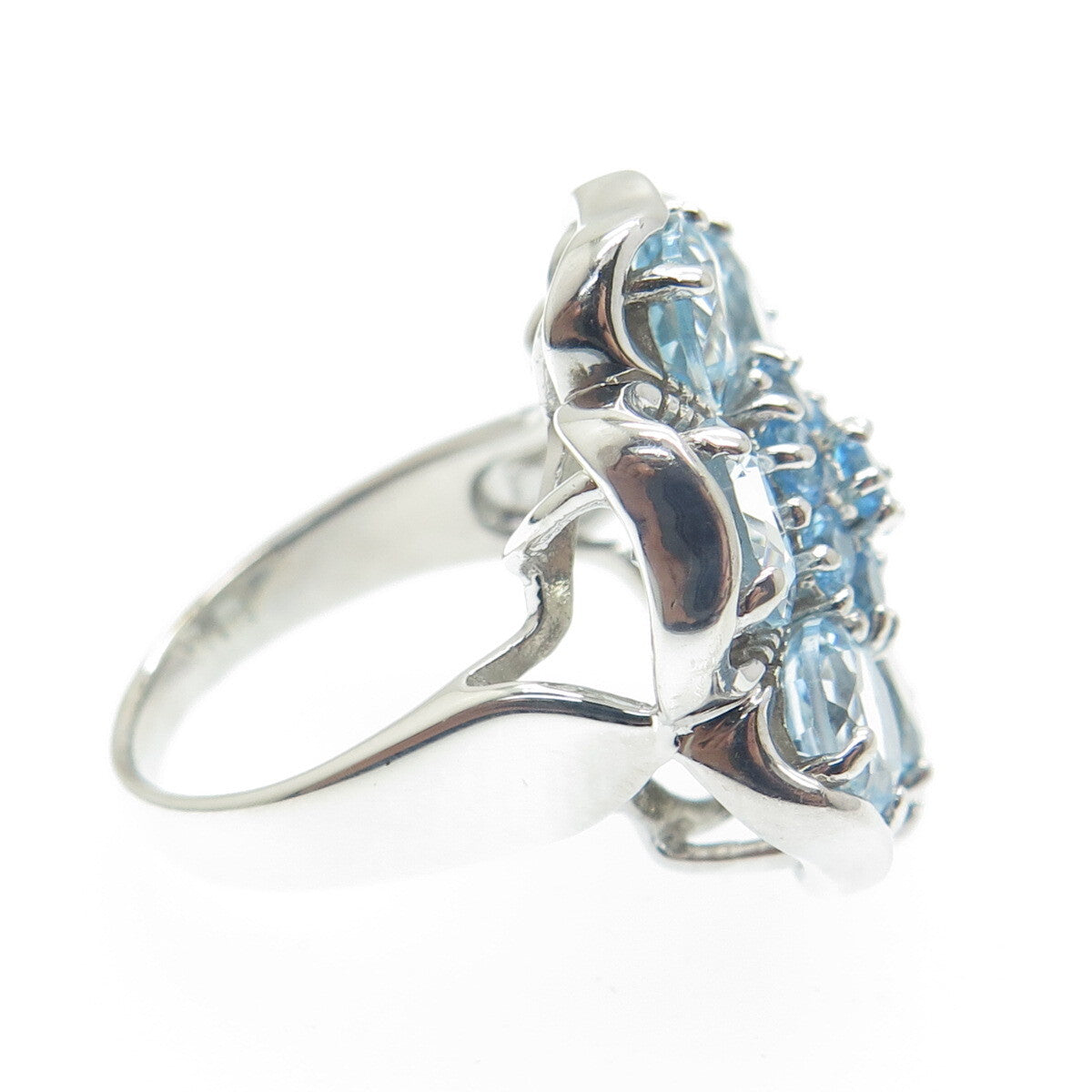 925 Sterling Silver Real Swiss & Blue Topaz Gemstone Flower Wide Ring Size 7.25