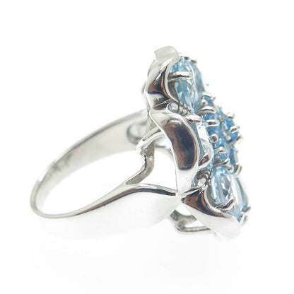 925 Sterling Silver Real Swiss & Blue Topaz Gemstone Flower Wide Ring Size 7.25