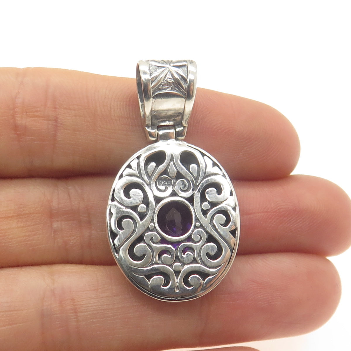 925 Sterling Silver Vintage Real Amethyst Floral Ornate Oxidized Pendant