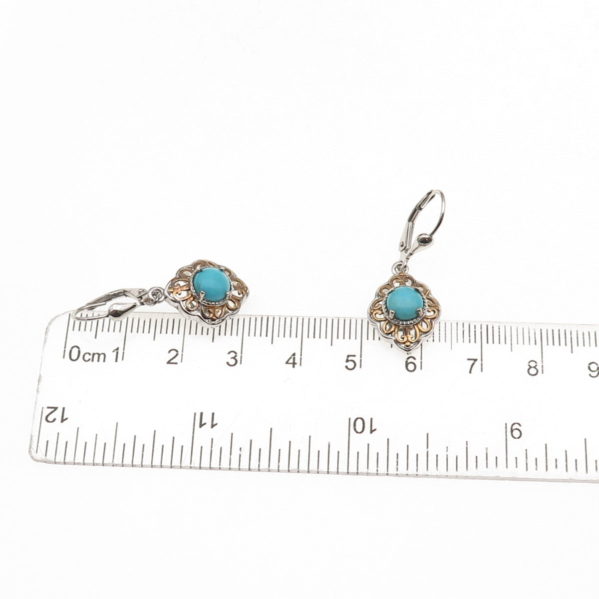 D'Joy 925 Sterling Silver 2-Tone Real Tyrone Turquoise Floral Dangle Earrings