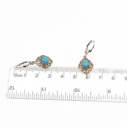 D'Joy 925 Sterling Silver 2-Tone Real Tyrone Turquoise Floral Dangle Earrings