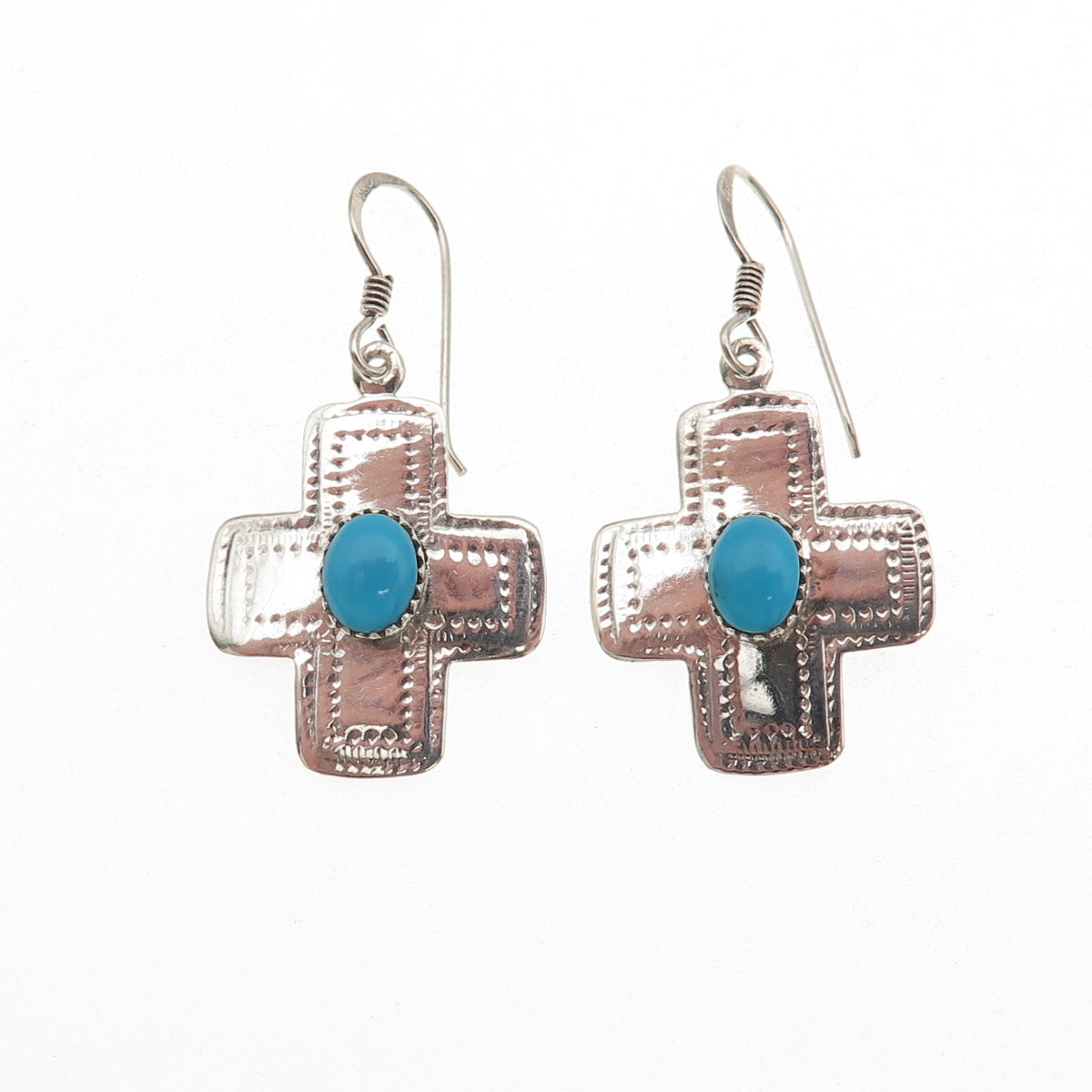 Sidney Evan 925 Sterling Silver Vintage Real Turquoise Cross Dangle Earrings