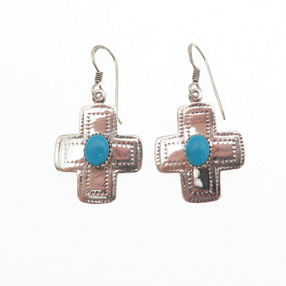 Sidney Evan 925 Sterling Silver Vintage Real Turquoise Cross Dangle Earrings